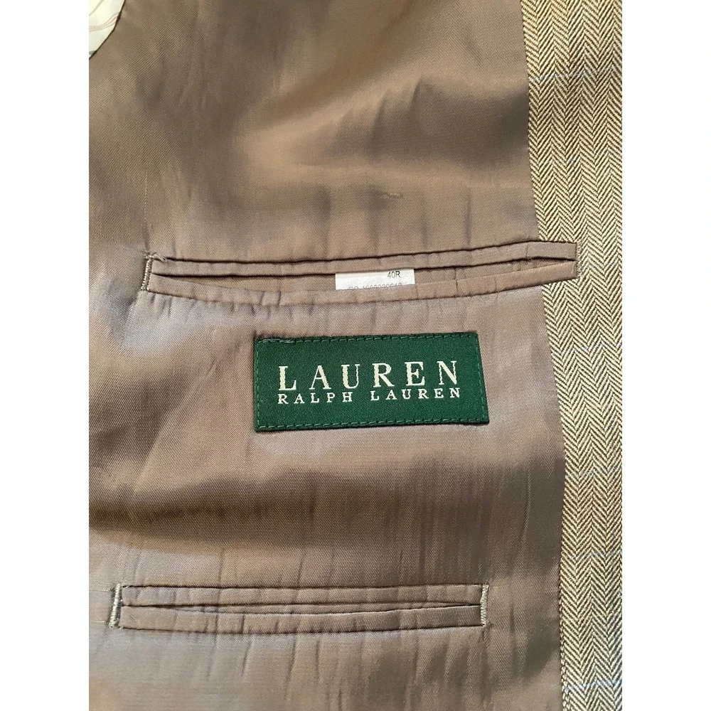 Lauren Ralph Lauren Blazer 40R Tan Silk Wool Herringbone Sport Coat 2-Button